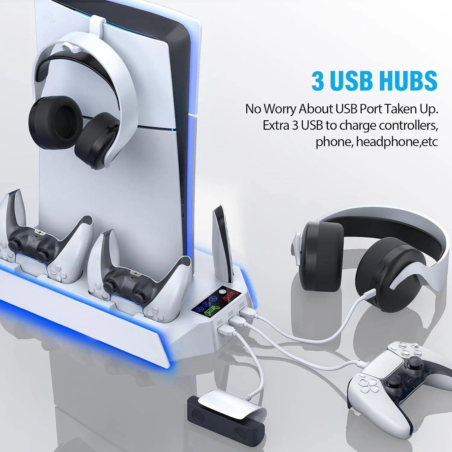 Slim Cooling Station Stand LED with Dual Controller Charging Station for PlayStation 5 Console, PS 5 Accessories Incl. Controller Charger, Cooling Fan, Headset Holder, 3 USB Hub- LED White