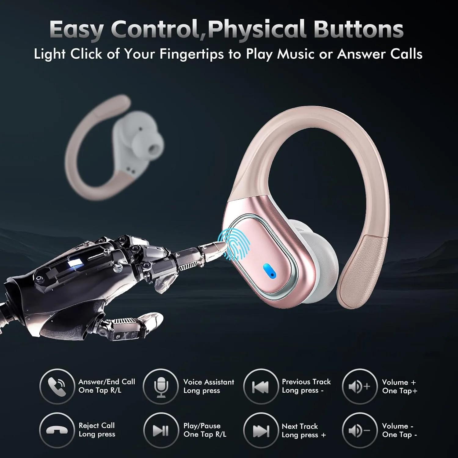 HAOYUYAN Wireless Earbuds Bluetooth 5.3 Headphones with 80H Playback, IPX7 Waterproof Over Ear Buds with LED Power Display for Sports Running Workouts（Champagne Gold）