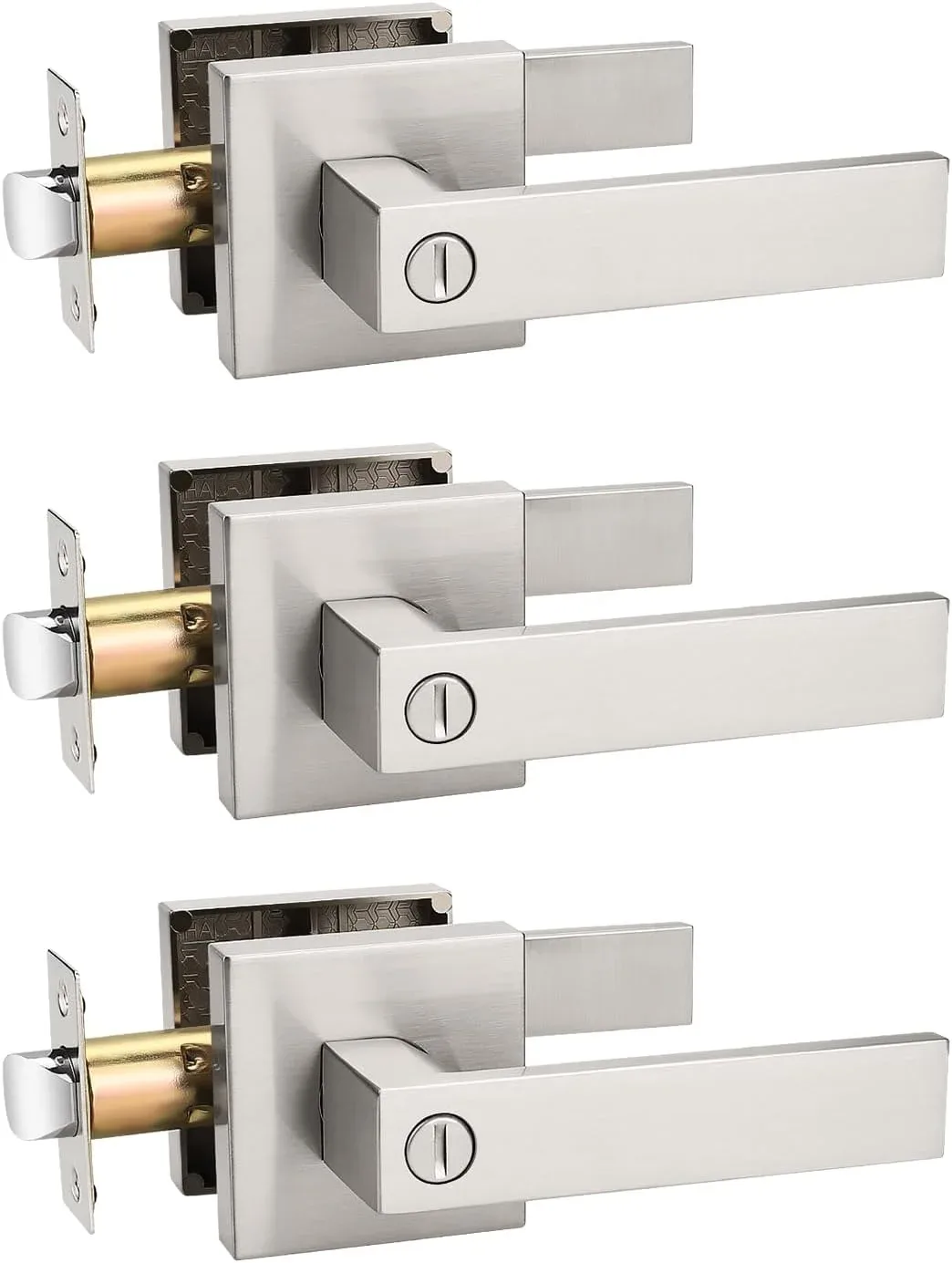 Tinewa 3 Pack Privacy Square Brushed Nickel Door Handle Interior, Keyless Door Knob for Bedroom/Bathroom, Reversible for Left Right Handed Doors