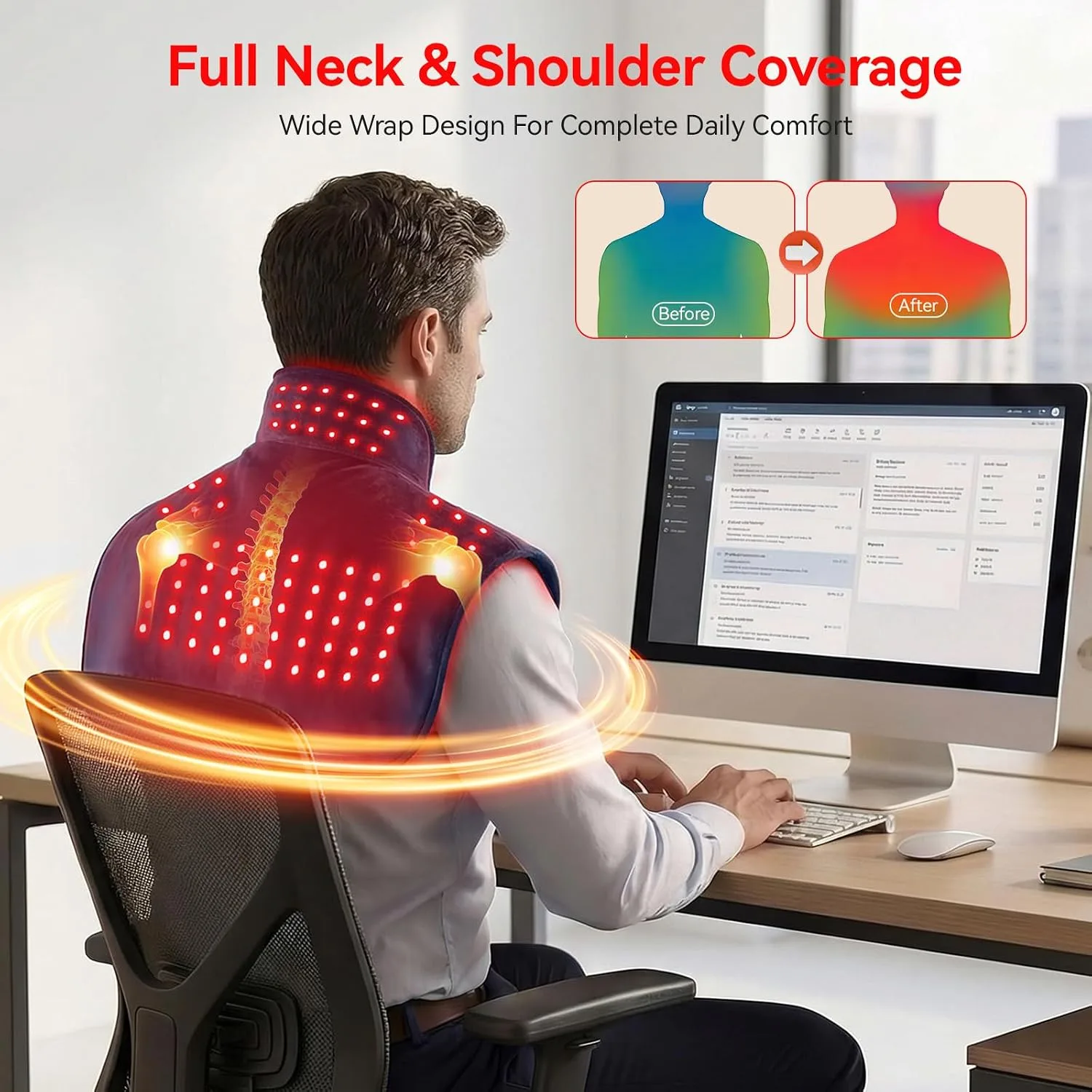 RICIAL Red Light Therapy for Neck Shoulder, 660nm & 850nm Infrared Light Therapy Wrap, Cordless 5000mAh Rechargeable Light Therapy Pad with Timer & Pulse Modes for Home Use (Blue)