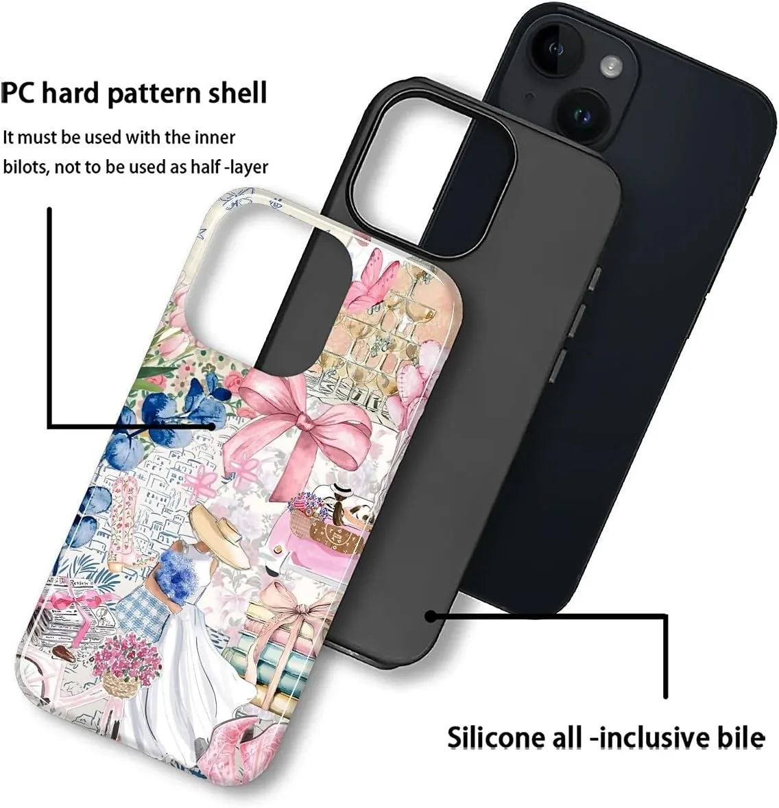 DAIZAG Case for iPhone 14 Plus,Mixed 2 Layer Design Shockproof Soft TPU Ddouble Protection Phone Case for iPhone 14 Plus-Magazine Books Flower Bow Collage