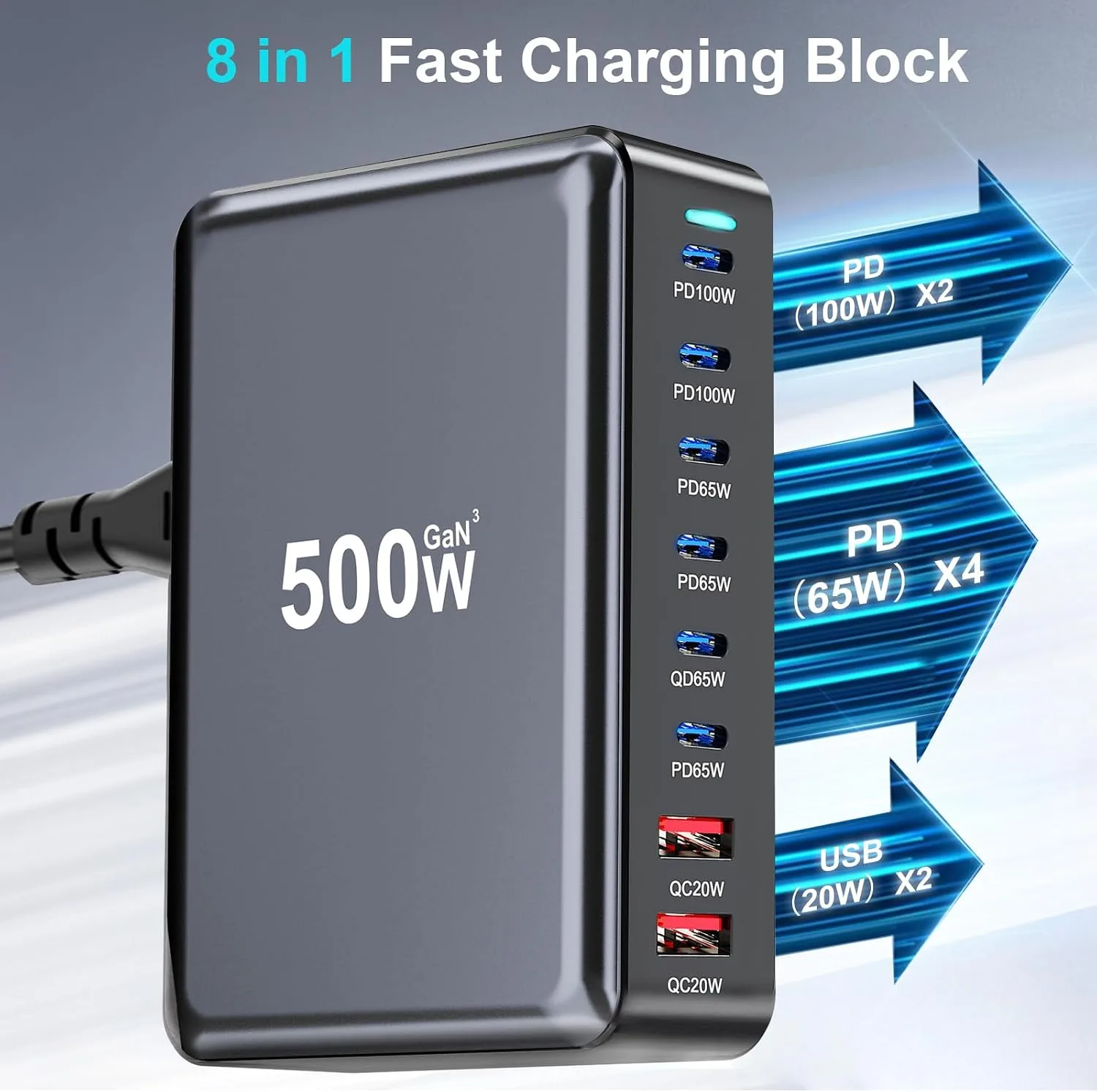 500W USB C Charger Block, 8-Port USB Charging Station with Dual 100W PD