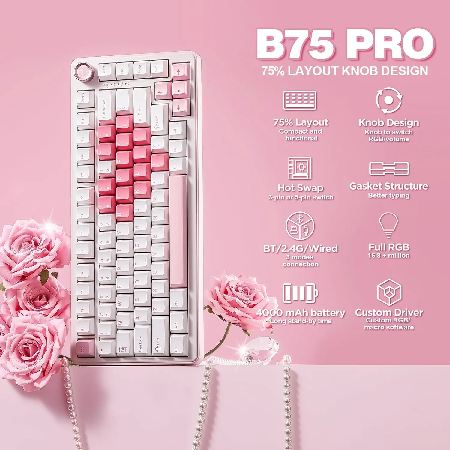 YUNZII B75 PRO 75% Wireless Mechanical Keyboard (White Heart,Cocoa V2)