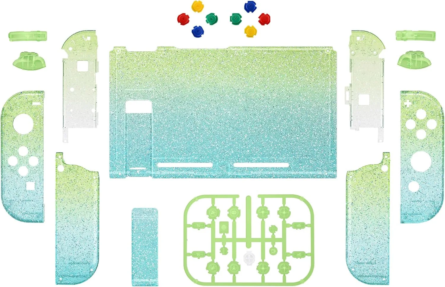 eXtremeRate DIY Replacement Shell Buttons for Nintendo Switch, Custom Back Plate for Switch Console, Housing Case with Colorful Buttons for Joycon Handheld - Glitter Gradient Translucent Green Blue