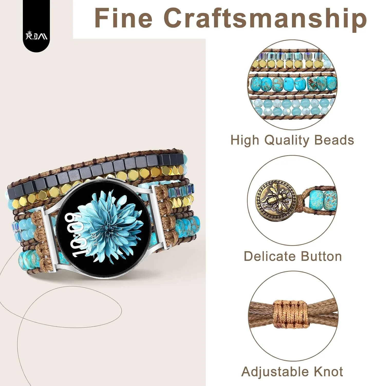 JR.DM Boho Beaded Handmade Braided Bracelet Band Women 20mm Compatible with Samsung Galaxy Watch 7/6/5/4/Active 2/4 Classic/6 Classic/5 Pro/FE 40mm 42mm 43mm 44mm 45mm 46mm 47mm