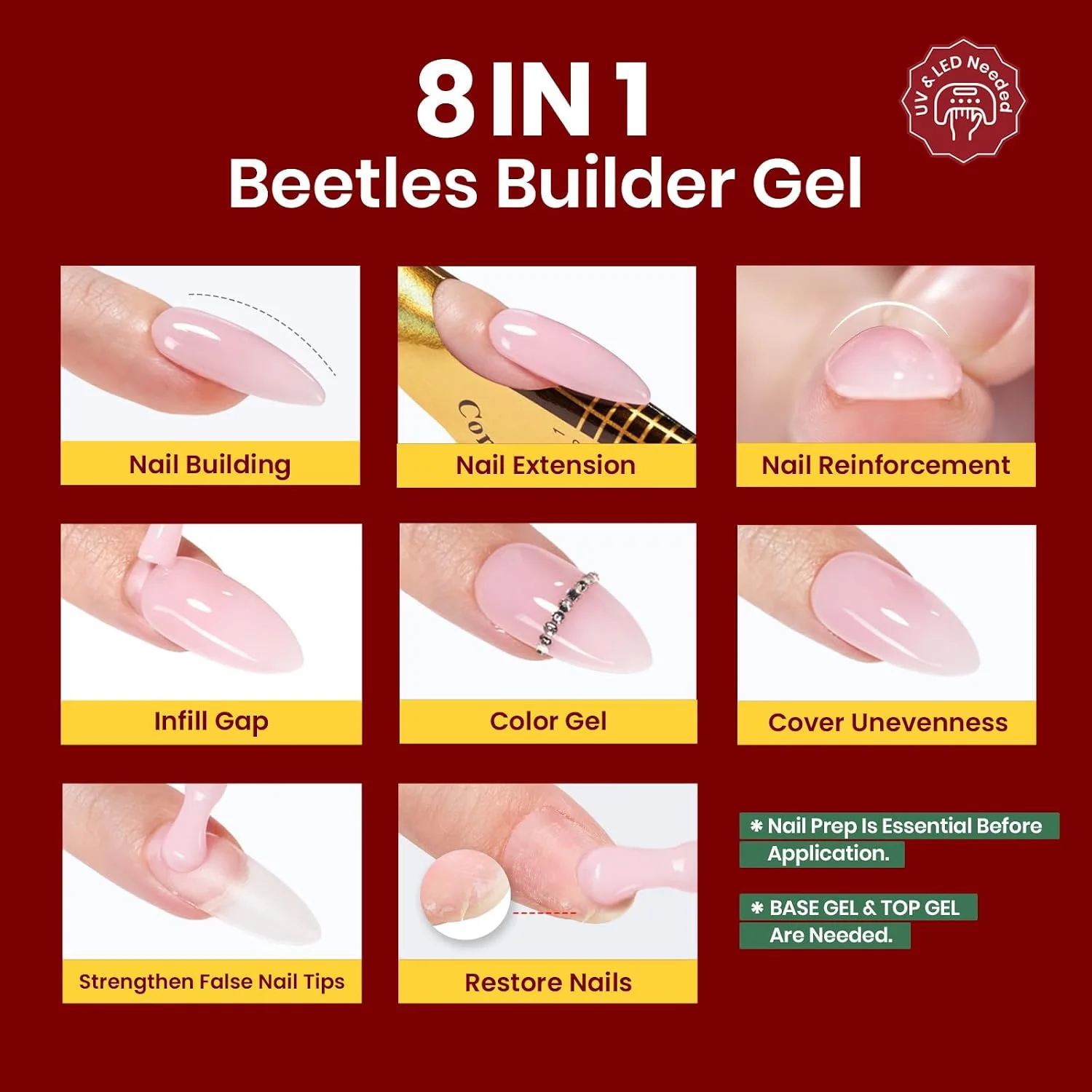 Beetles Builder Gel Nail Kit HEMA-Free, White Red Colors & Base Top Coat