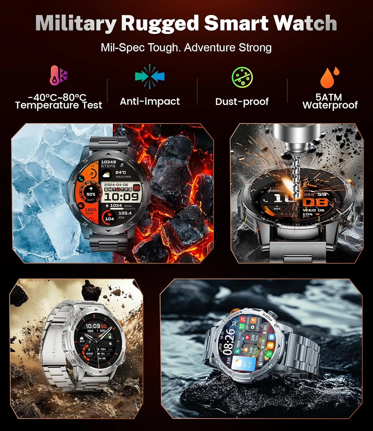 Smart Watch for Men with 1000mAh Battery/Flashlight, 1.75'' Military Smartwatch with 5ATM Waterproof/Heart Rate/Sleep Monitor,Answer Make Calls Fitness Tracker for Android iPhone Carbon