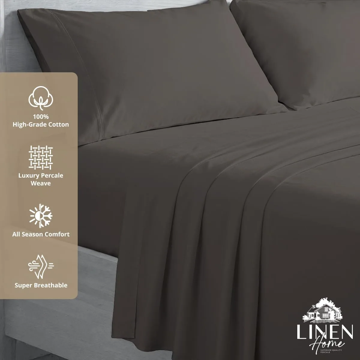 Linen Home 100% Cotton Percale King Sheets, 4Pc Cooling Set Smoky Charcoal