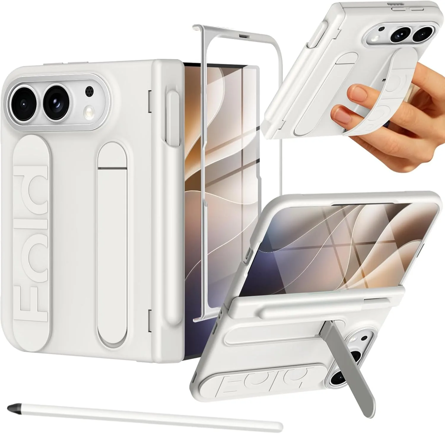NINKI Stylus for iPhone Duo Case with Pen Holder & Hinge Protection, Built-in Wristband with Hidden Kickstand, Thin Full Body Screen Protective Phone Case for iPhone Duo Cover with Stand Womens White