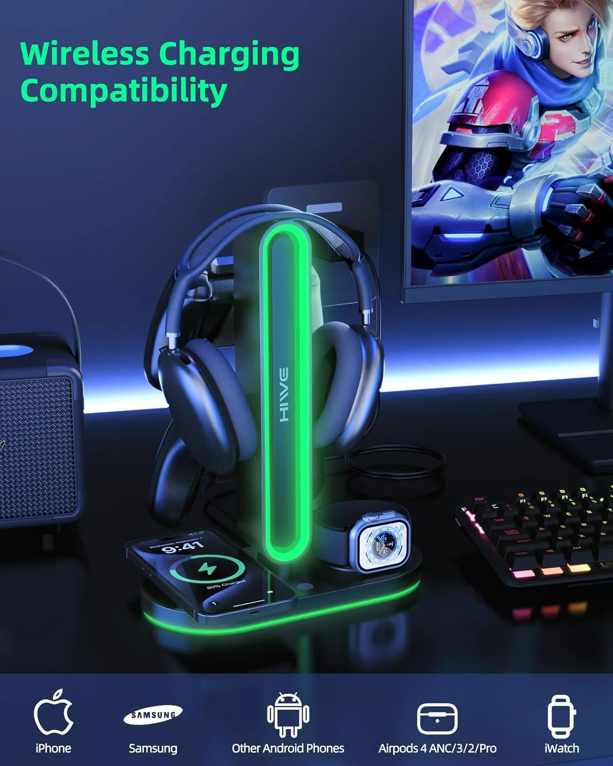 Headphone Stand, Dual Controller Holder, MagSafe Charger for iPhone/iWatch