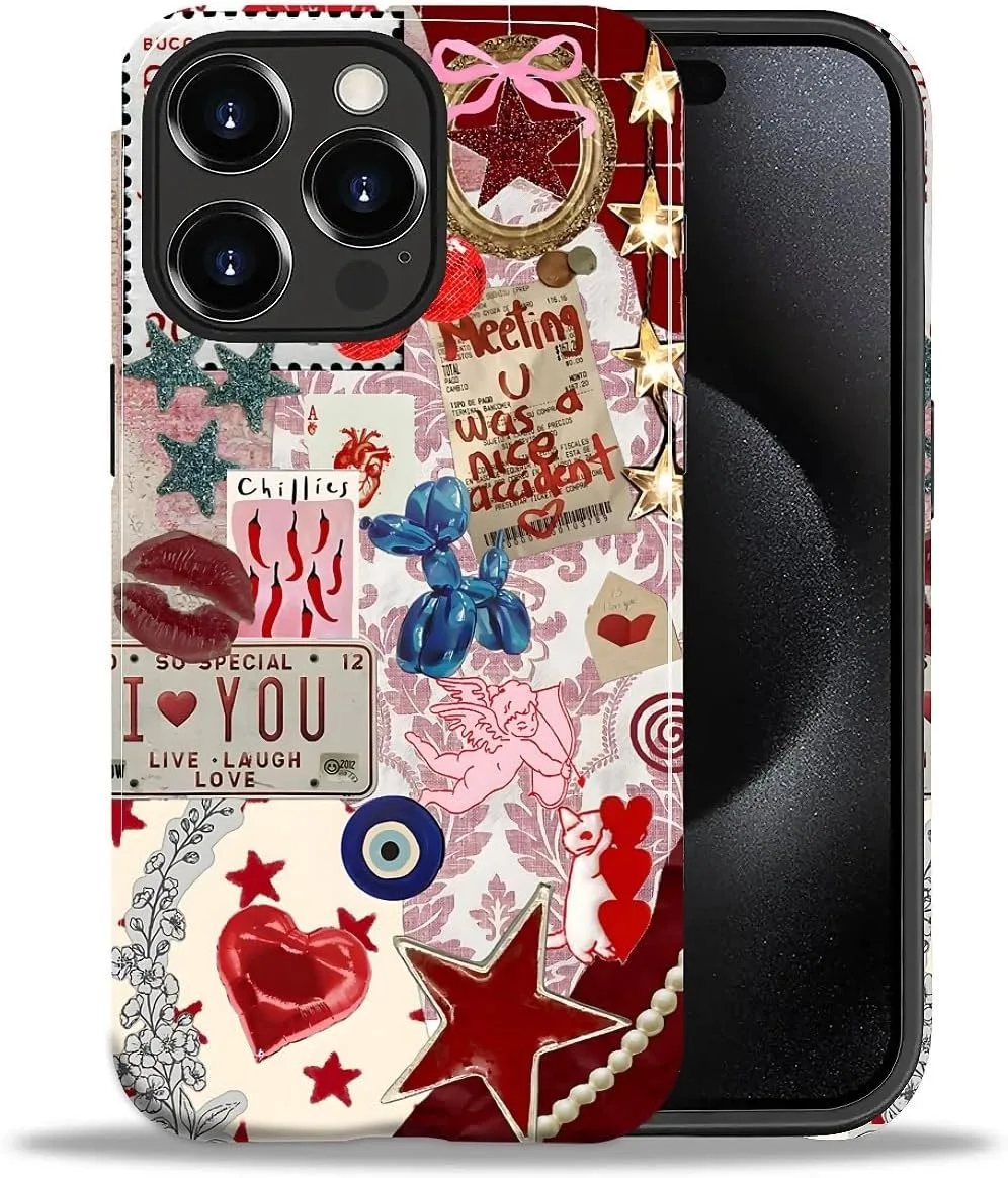 DAIZAG Case for iPhone 15 Pro,Mixed 2 Layer Design Shockproof Soft TPU Ddouble Protection Phone Case for iPhone 15 Pro-Conch Red Pearl Collage