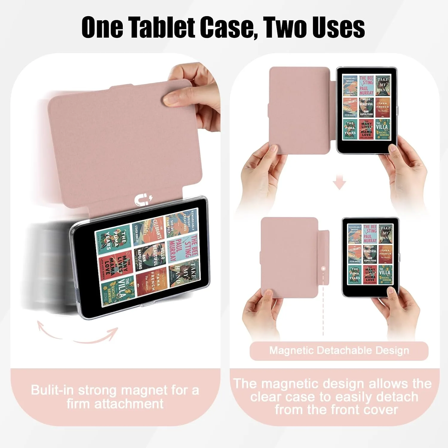 E NET-CASE Detachable Magnetic Case for 6" Kobo Clara Colour (2024) /Clara BW(2024) /2E(2022) eReader,Ultra Clear Back丨Easy to Detach & Attach丨Auto Sleep/Wake (Rose Gold)