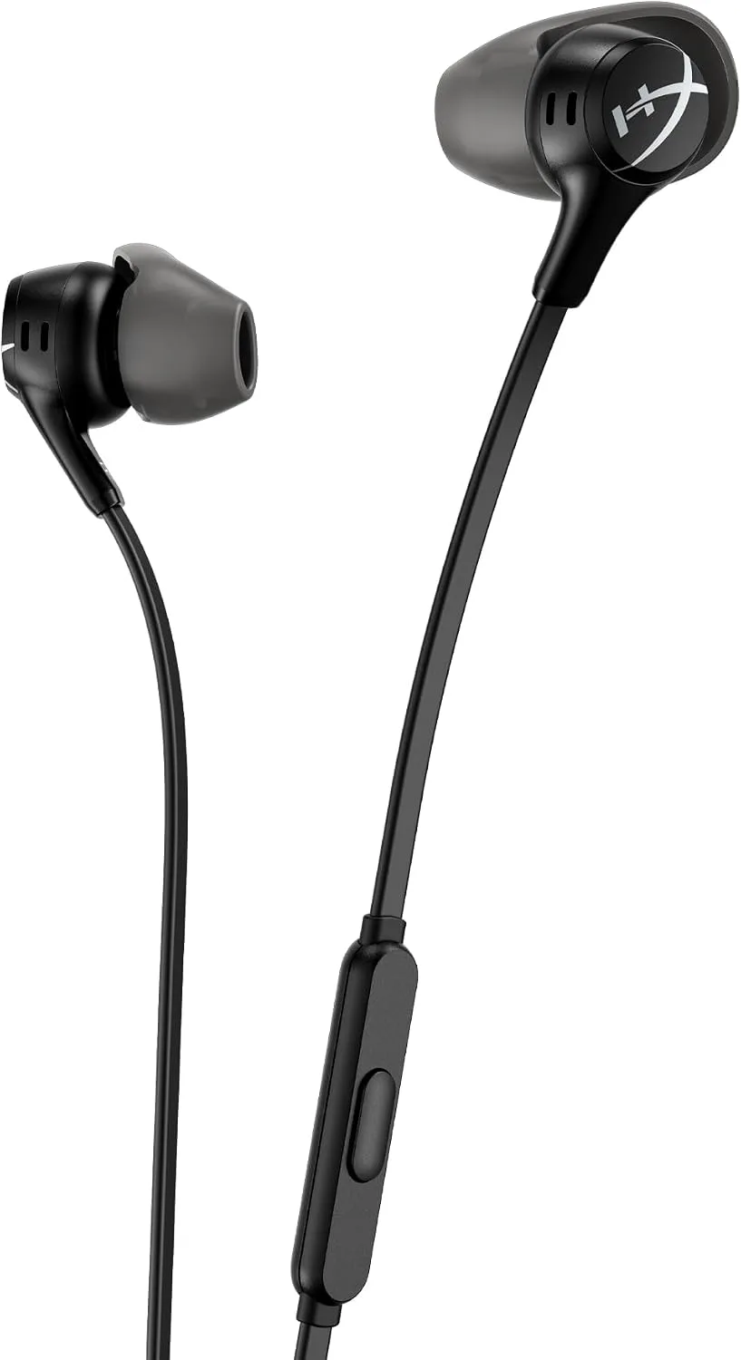 HyperX Cloud Earbuds II – 14mm Drivers, Four Eartips, Hard-Shell Carrying Case, Low-Profile 90° Plug, 3.5mm Plug, Built-in Microphone, Multi-Function Button, PC, Mobile, Nintendo Switch – Black