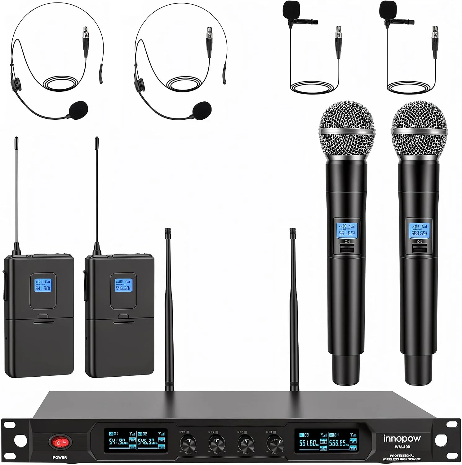 innopow 4-Channel Wireless Microphone System, Quad UHF Metal Cordless Mic, 2 Handheld Mics, 2 Bodypack Mics, Long Distance150-200Ft, Fixed Frequency, 16 Hours Use for Karaoke Singing, Church