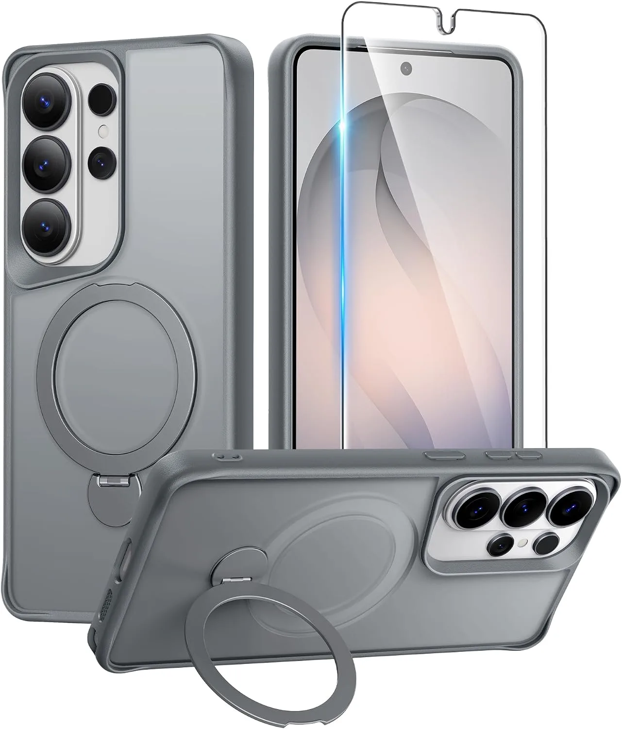 for Samsug Galaxy S26 Ultra Case with 360 Rotatable Magnetic Invisible Stand, [Screen Protector] Fits for MagSafe, Mil-Grade Shockproof Translucent Matte Phone Cover, 6.9", Gray