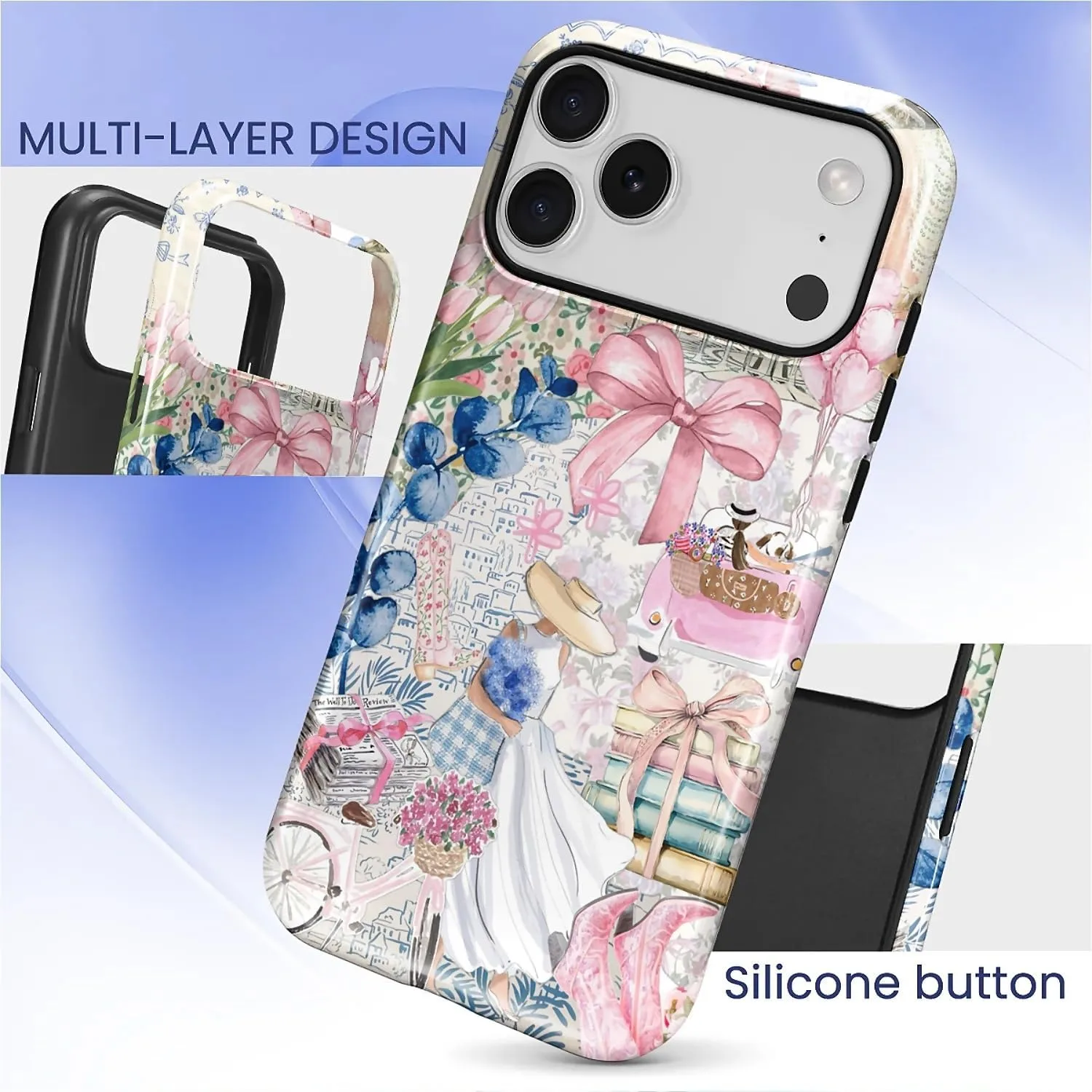 DAIZAG Case for iPhone 17 Pro Max,Mixed 2 Layer Design Shockproof Soft TPU Ddouble Protection Phone Case for iPhone 17 Pro Max-Magazine Books Flower Bow Collage