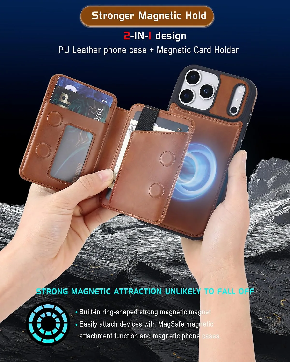 Magnetic Detachable Wallet Case for iPhone 18/17 Pro Max with Kickstand,2-in-1 MagSafe Compatible RFID Blocking Card Holder,Slim PU Leather Cover Brown