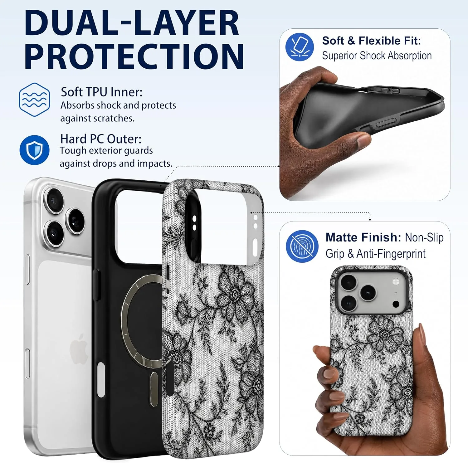 Magnetic for iPhone 17 Pro/18 Pro Black Lace Phone Case, Flower