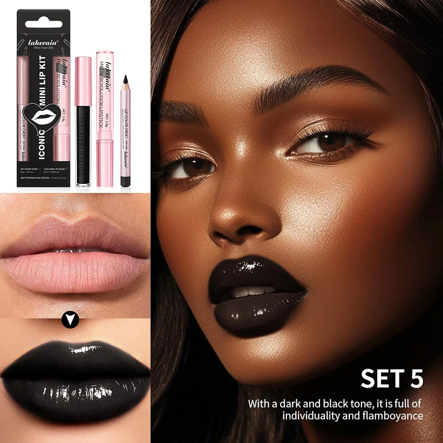 BestLand 3Pcs Lip Liner, Lipstick and Lip Gloss Set, Lip Combo Sets (Black)