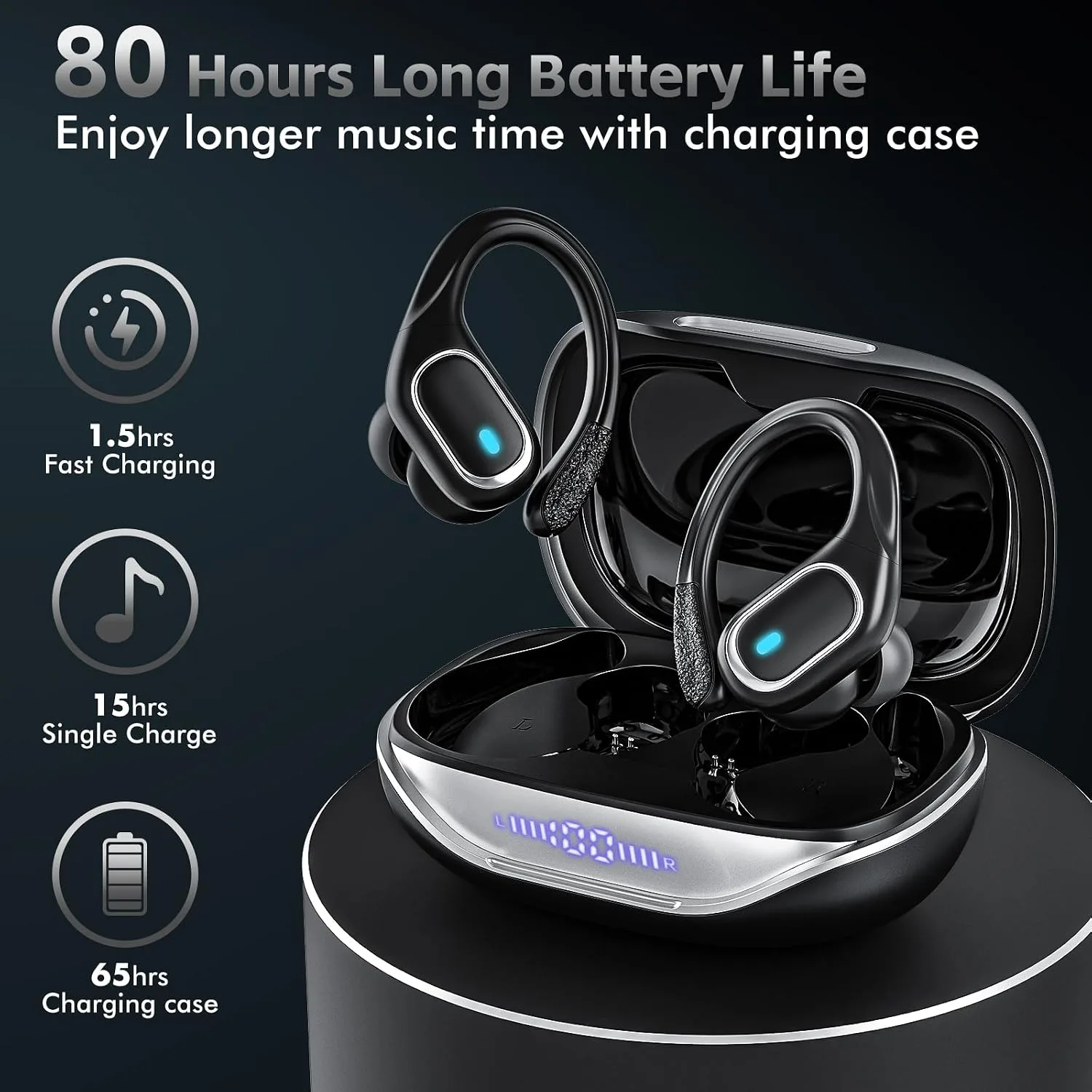 HAOYUYAN Wireless Earbuds, Sports Bluetooth Headphones, 80Hrs Playtime Ear Buds with LED Power Display, Noise Canceling Headset, IPX7 Waterproof Earphones for Workout/Running