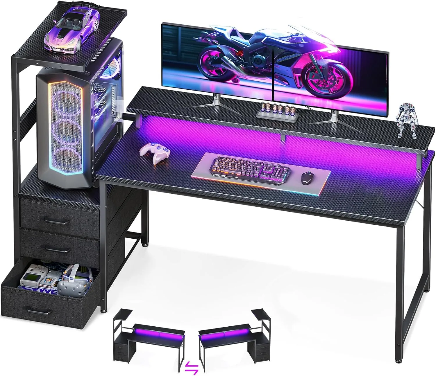 AODK Gaming Desk w/PC Showcase Stand, 59" Reversible, RGB LED