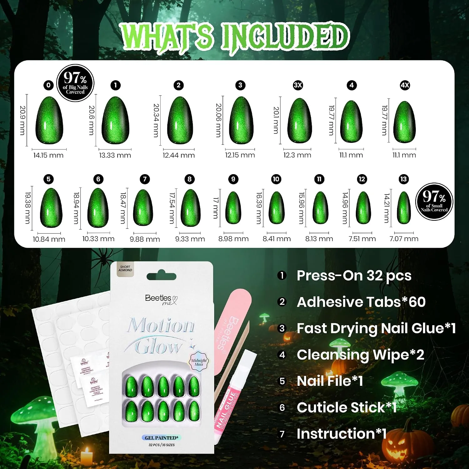 Beetles Halloween Press On Nails, Green Cat Eye Short Almond, 32 Pieces