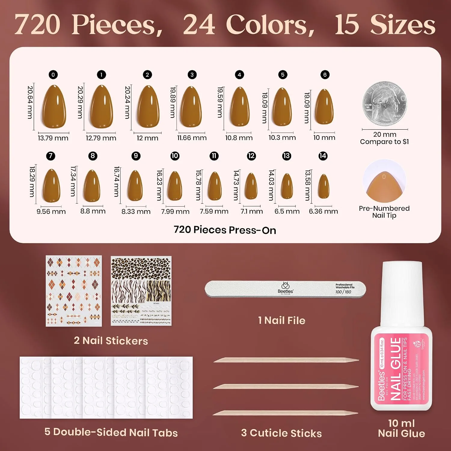 Beetles Press On Nails Kit - Prism Parade, Short Almond 720Pcs 24 Colors