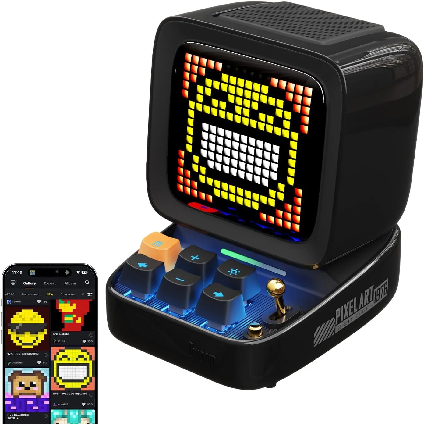 Divoom Ditoo Retro Pixel Art 15W Bluetooth Speaker,Cute Speaker with Alarm,White Noise & Mini Games,Iconic Desk Setup Speaker with 16X16 LED App Controlled Front Screen,Gifts for Anyone (Black)