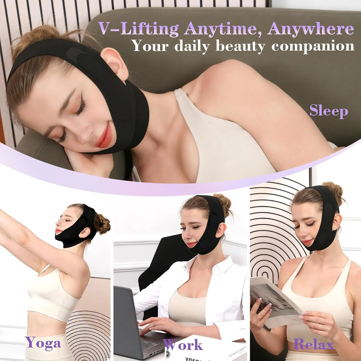 Graphene Chin Strap For Sleeping, Reusable V Line Lifting Mask & Double Chin Reducer with 3D Adjustable Design, Breathable Skin-Friendly Jawline Shaper Face Lift Belt for Women & Men (Black)