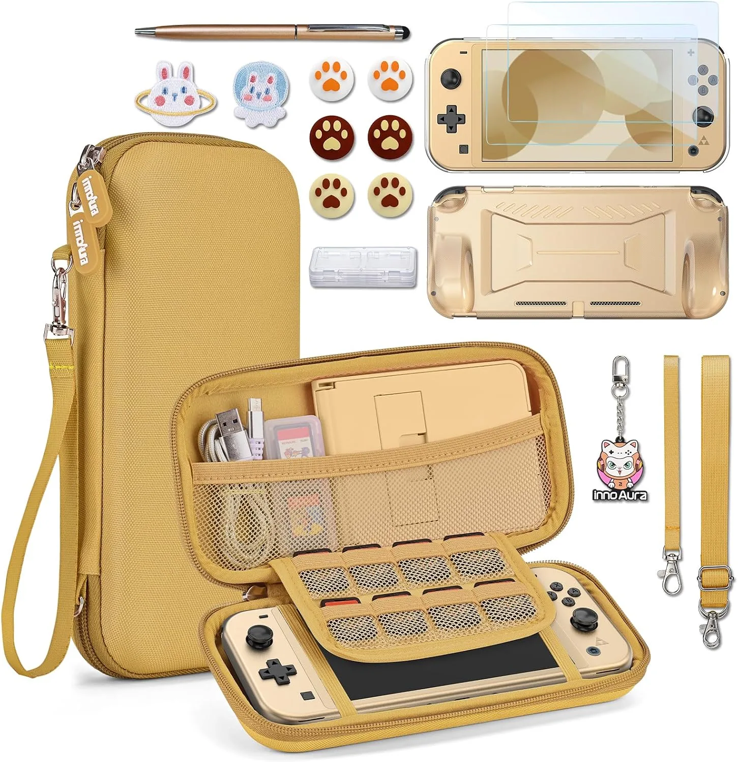 innoAura Switch Lite Case 18-in-1 Accessories Bundle for NS Switch Lite (2019), with Protective Carrying Case, Game Holder, Screen Protector & Cute Thumb Grips, Golden