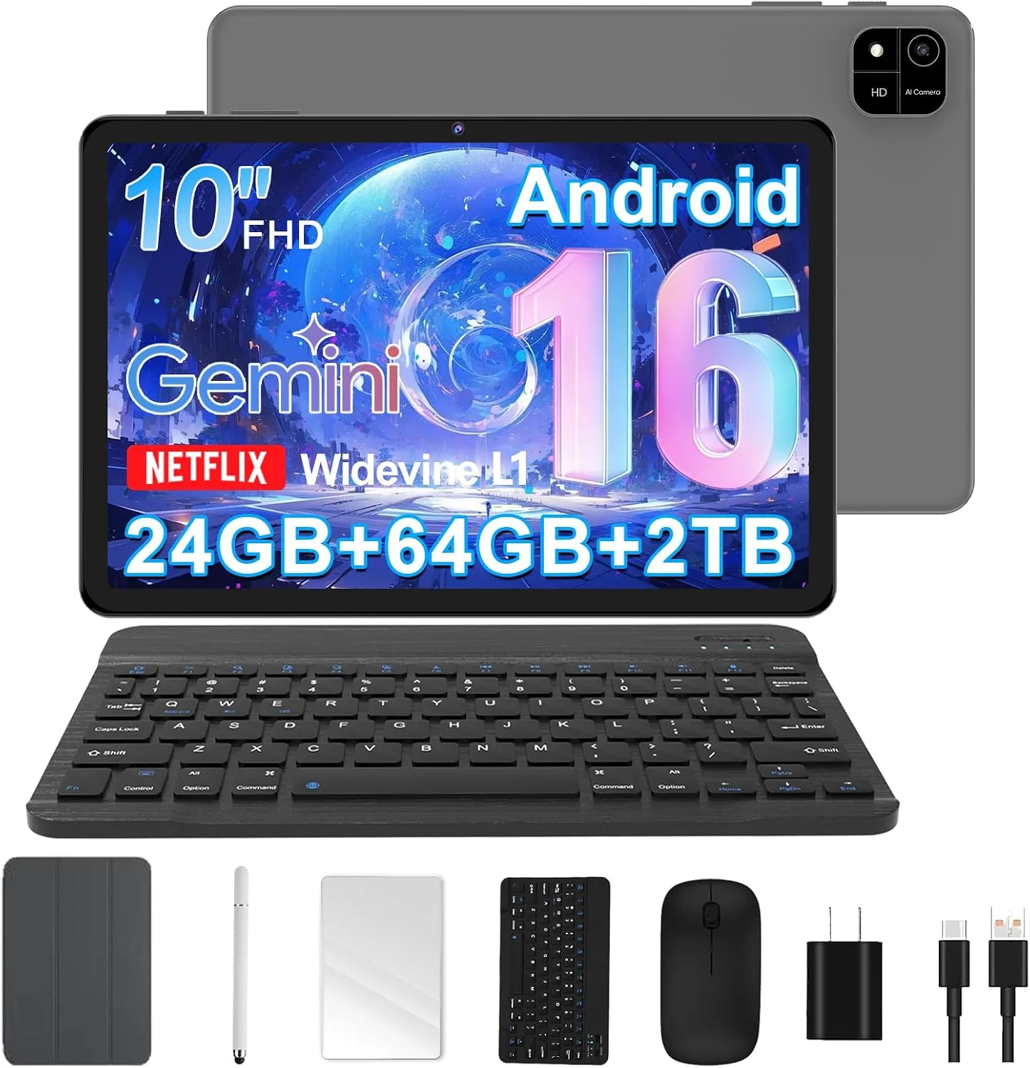 Android 16 Tablet, 10 Inch Tablet with Octa-Core, 24GB RAM 64GB ROM 2TB Expand, Gemini AI, 6000mAh, WiFi, GPS, Dual Camera, BT 5.0, 2 in 1 Tablets PC with Keyboard, Case, Mouse, Stylus (Brown)