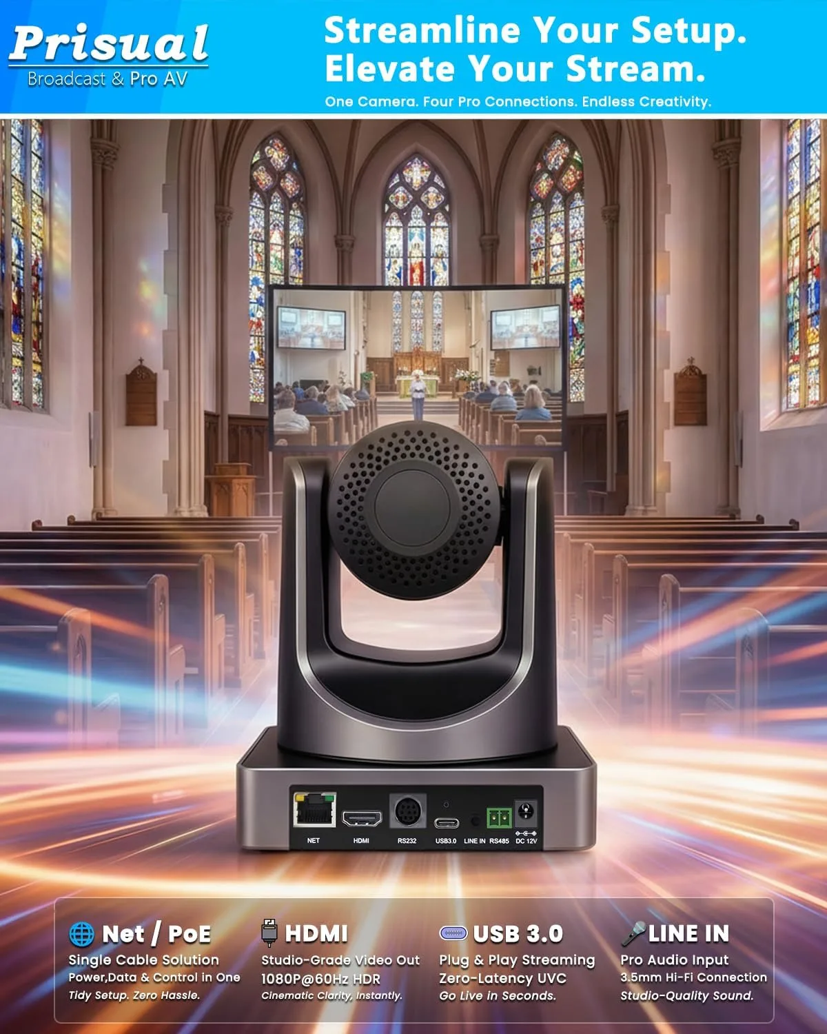 Prisual PTZ Camera, 20X Optical Zoom, PoE, HDMI, USB 3.0, LAN, Free NDI Upgrade, Broadcast Ready for Church Worship, Education, Live Streaming, Conference