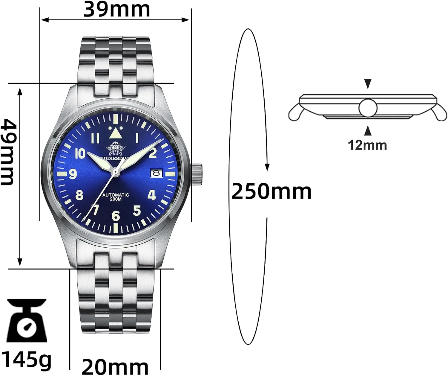 ADDIESDIVE Automatic Watches for Men Stainless Steel Diver 200 M Luminescent Analog Business Casual Dress Watch Men