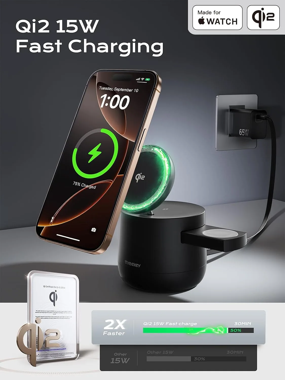 THREEKEY 4 in 1 Qi2 Magnetic Wireless Charging Station, 15W Fast Charger with Made for Apple Watch Charging Module, for iPhone 18–12 Series & AirPods, 65W Adapter Included