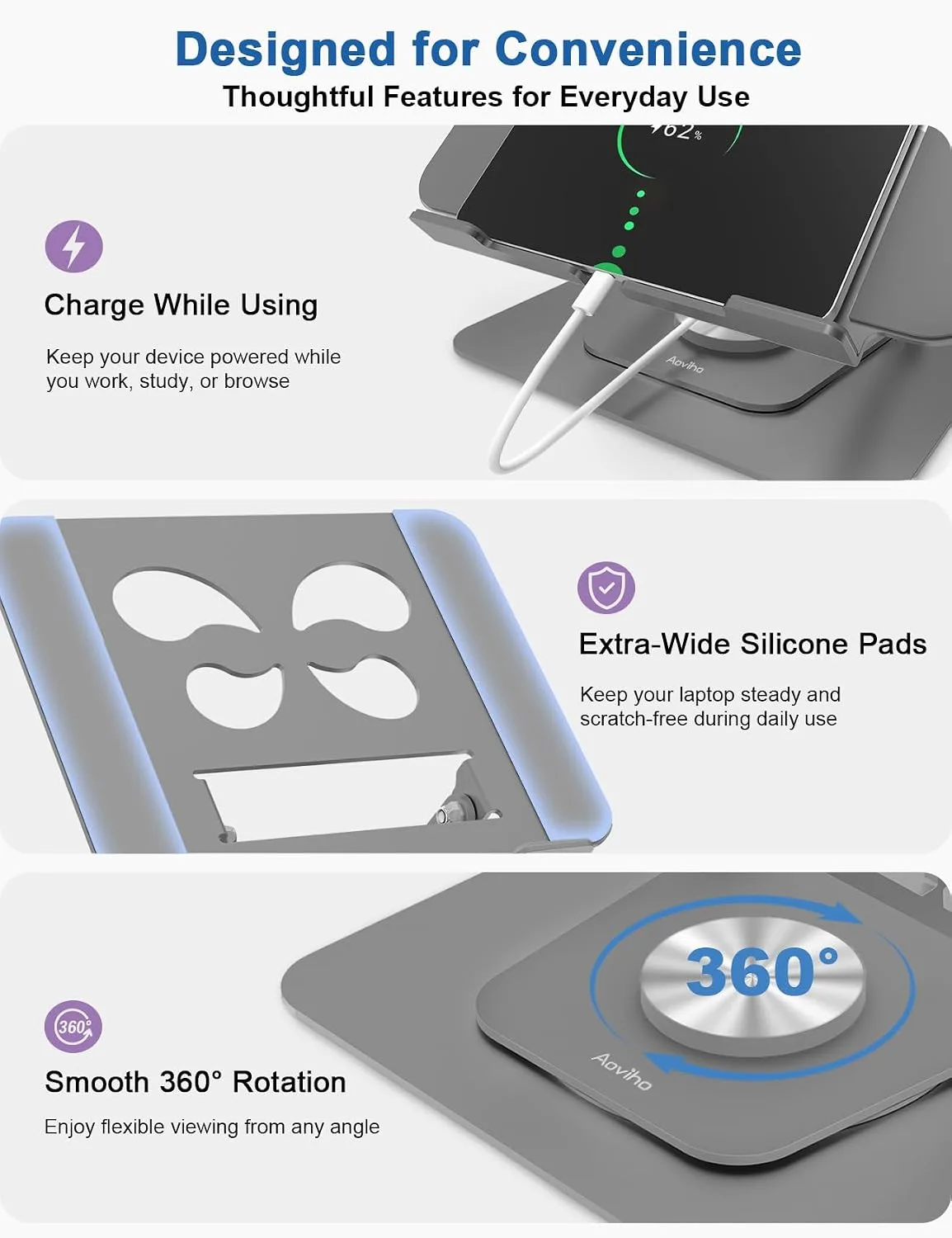 Aoviho Adjustable Laptop Stand for Desk - 360° Rotating Laptop Riser, Ergonomic Computer Stand Foldable Holder Compatible with MacBook Pro/Air, HP, Dell, Lenovo and Tablets Up to 16", Gray
