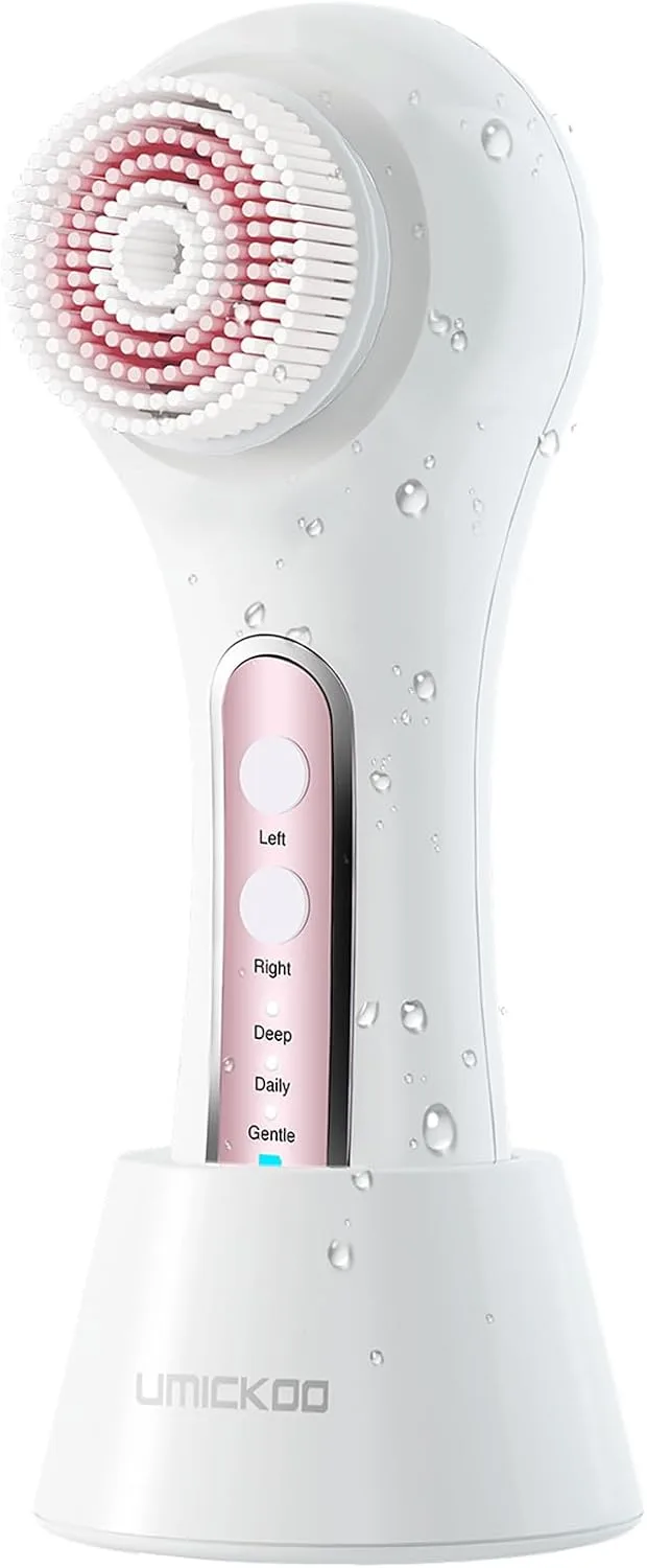 UMICKOO Electric Facial Cleansing Brush, 2-Way Rotating Face Scrubber for Daily & Deep Cleaning, 3 Modes, 5 Brush Heads, Rechargeable, IPX7 Waterproof for All Skin Types
