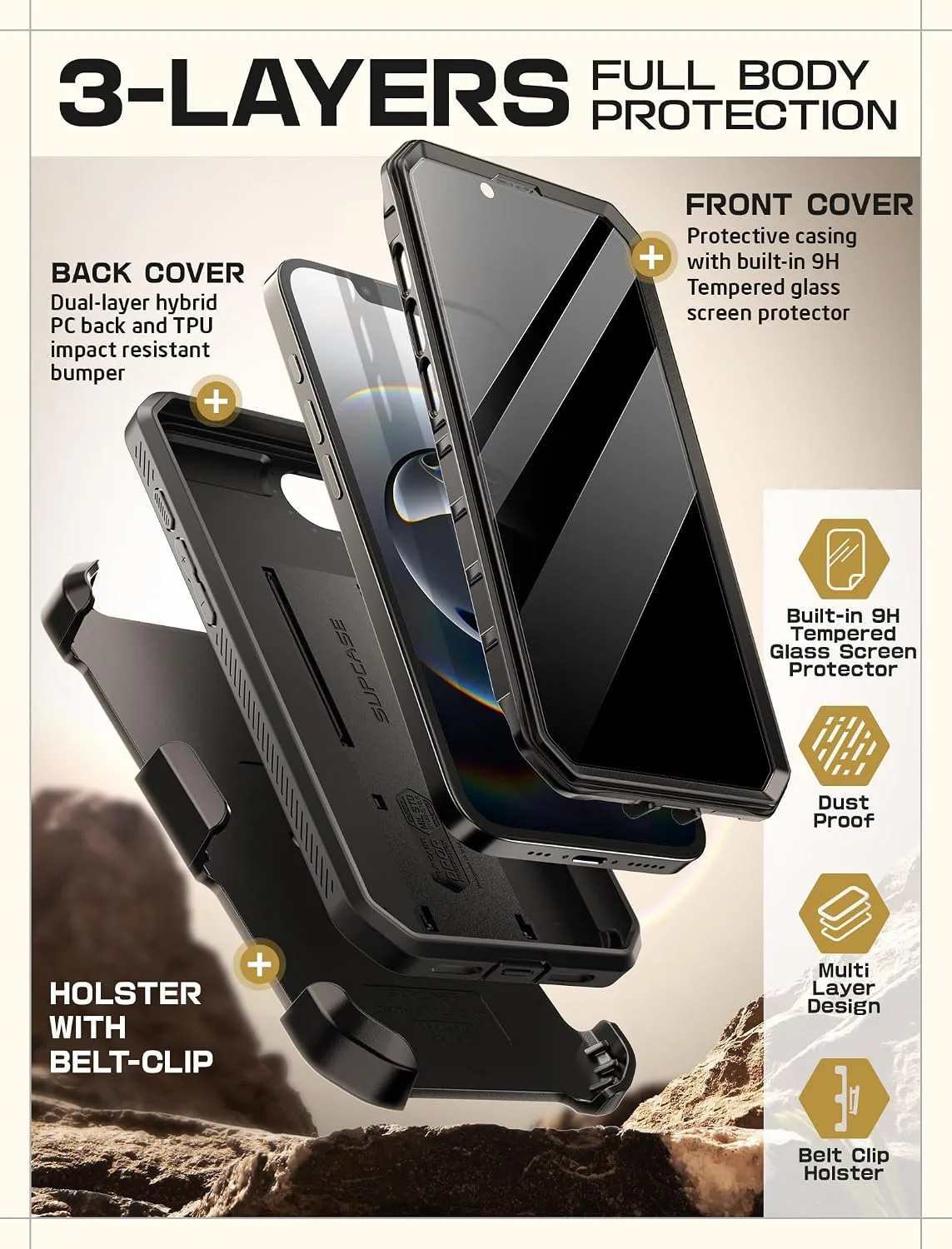 SUPCASE for iPhone 17e/16e Case with Privacy Screen Protector, Black