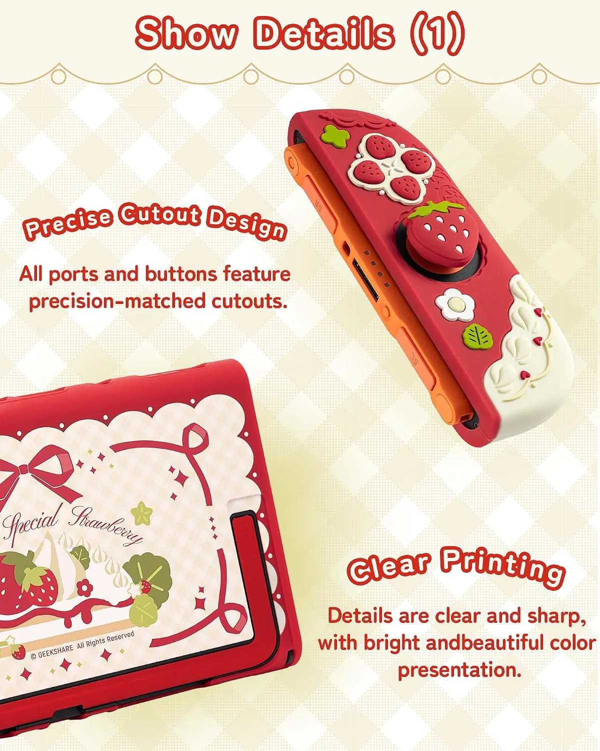 GeekShare Strawberries with Cream Case Compatible with Switch 2, Slim Separable Soft Silicone Protective Shell with 2 Thumb Grip Caps - Red