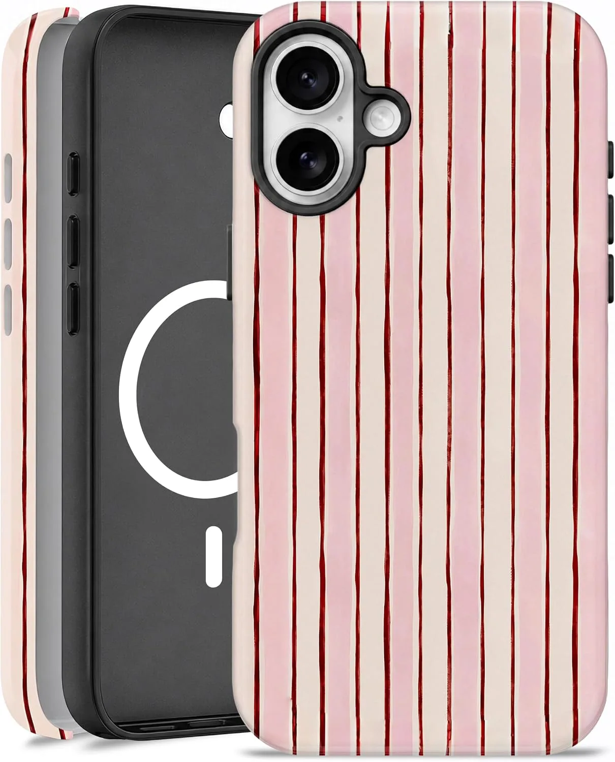 Magnetic for iPhone 16 Phone Case, Cute Pink and White Striped