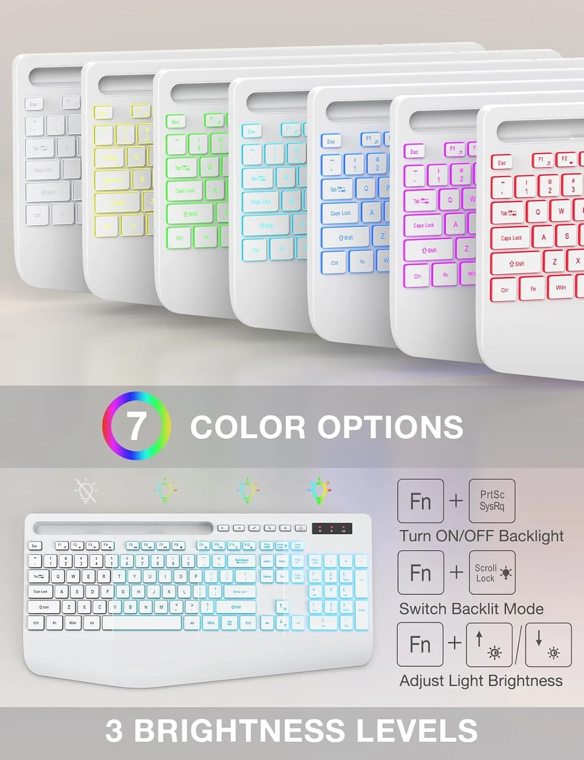 SABLUTE Wireless Keyboard with 7 Colored Backlit, Wrist Rest, 2.4G Lag-Free