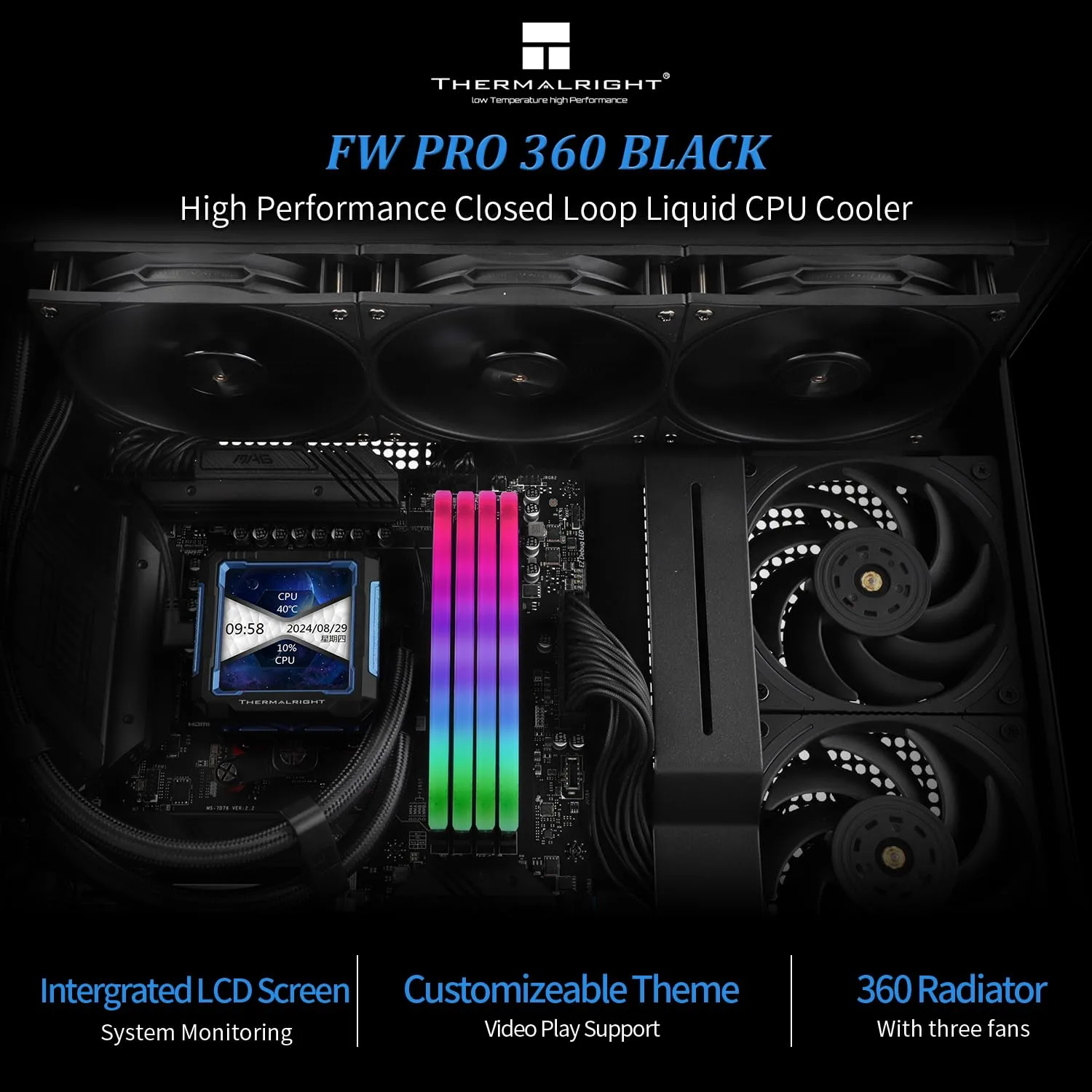 Thermalright FW PRO 360 Black CPU AIO Cooler,IPS LCD Screen with 320 * 320 Resolution,for AM5&Intel 1700/1851,High-Performance 360 Specs Water-Cooled Radiator with 2.73in Removable Display