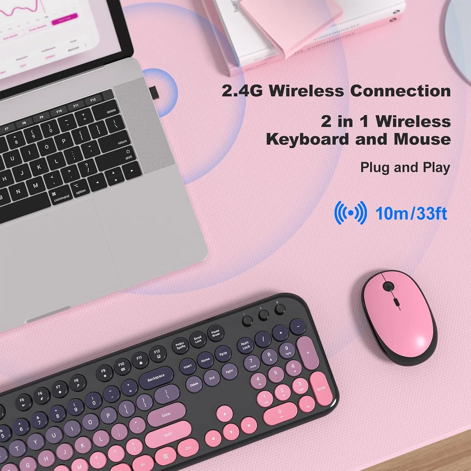 MOFII Wireless Keyboard and Mouse Combo, Full Size 2.4G Retro Round Computer Keyboard and Mouse Set, Plug and Play, for Windows, Computer, Desktop, PC, Notebook - (Lovely Plum Pink Gradient)