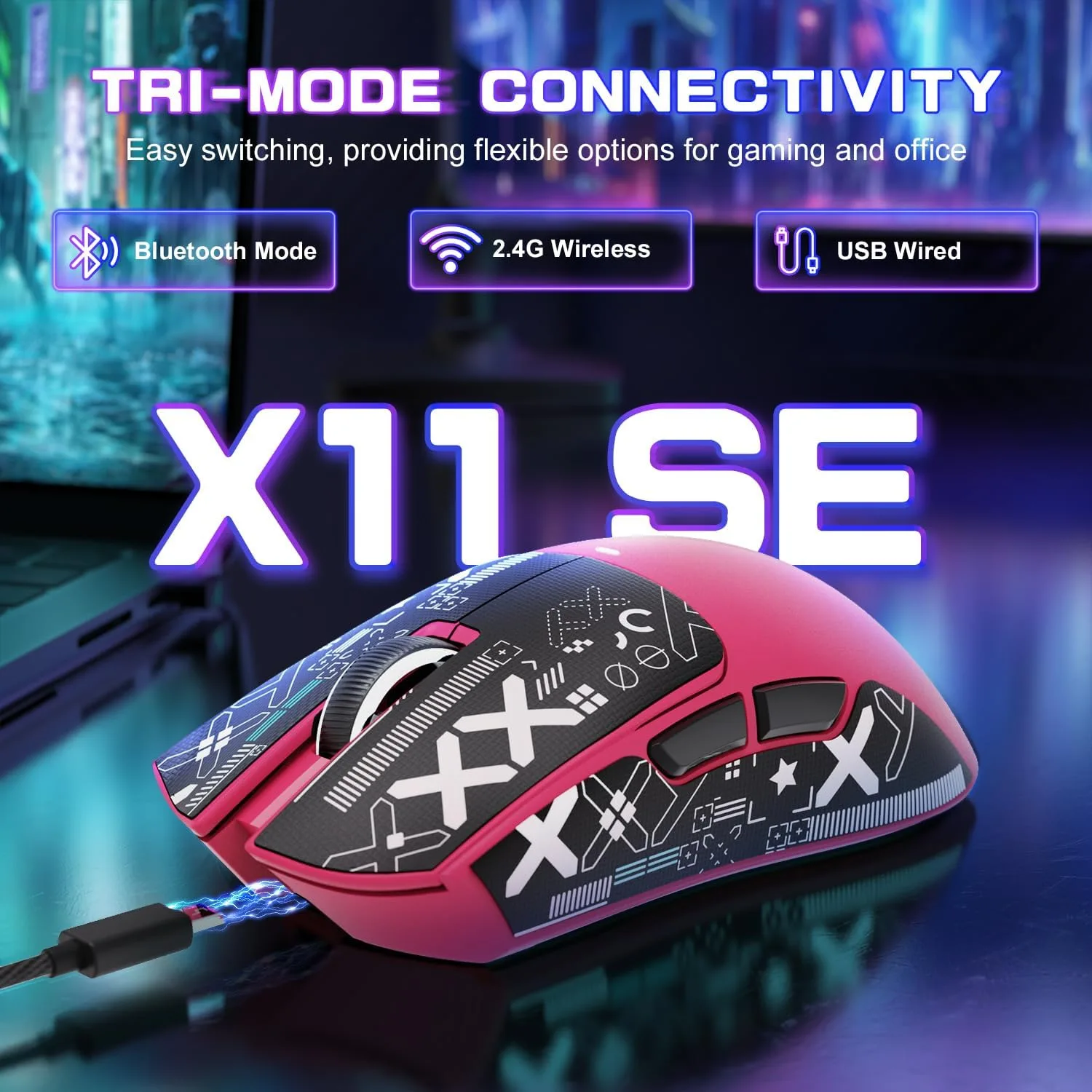 ATTACK SHARK X11 SE Ultra-Light Wireless Gaming Mouse, Berry Red&Sticker