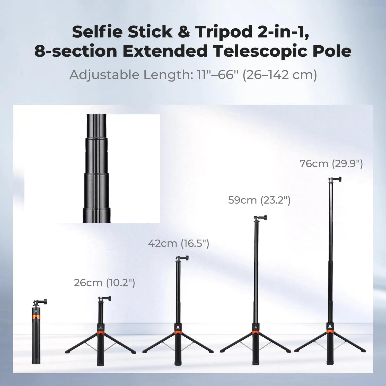 K&F CONCEPT 142cm/55.9" Telescopic Selfie Stick Tripod for Action Camera