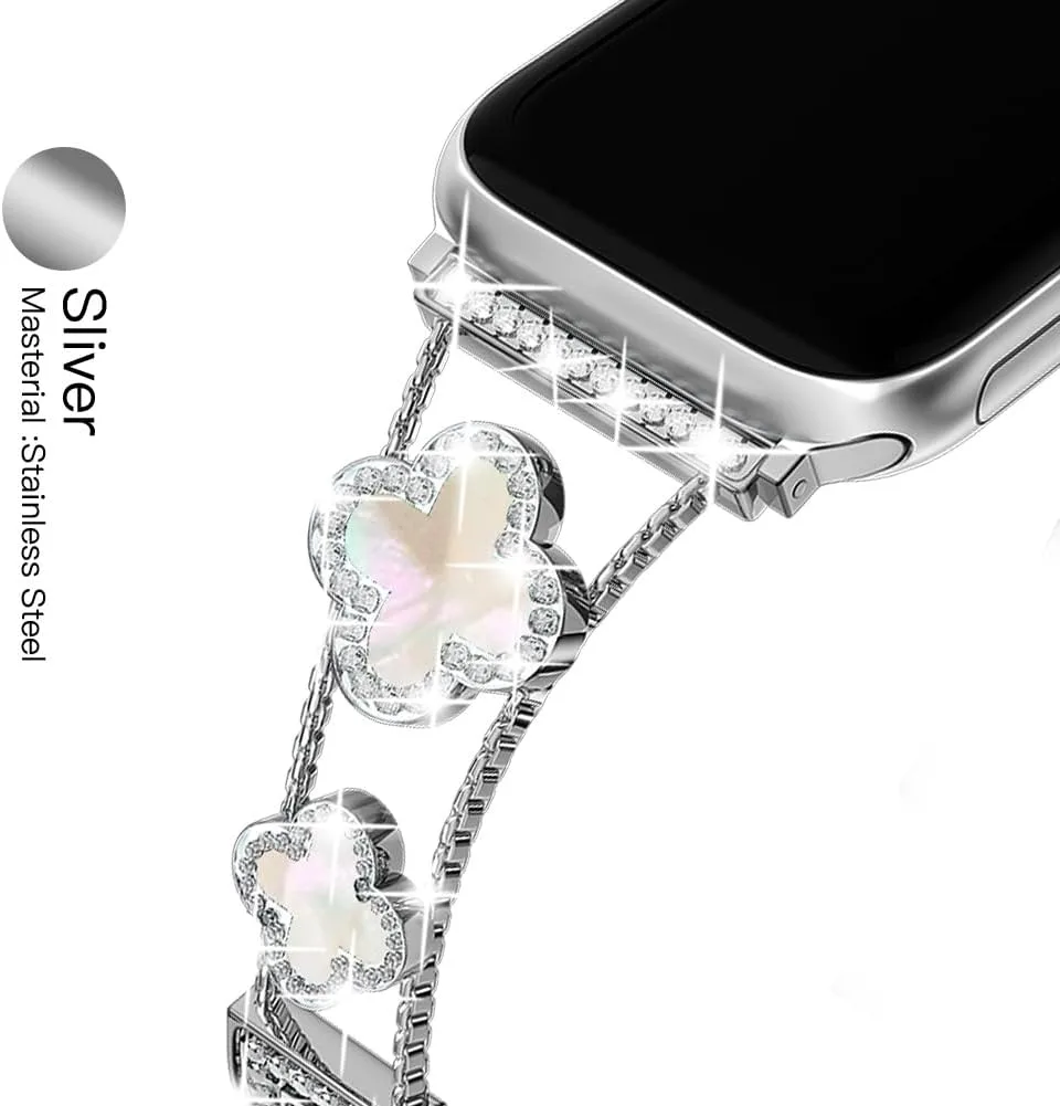 Musk-MSKR Diamond Metal Bands Add Sparkle to Your Watch For Apple Watch Series 12/11/10/9/8/7/6/5/4/3/2/SE/Ultra Clover Simple and Stylish Compatible with 38mm40mm41mm42mm44mm45mm 46mm49mm Women's Wear