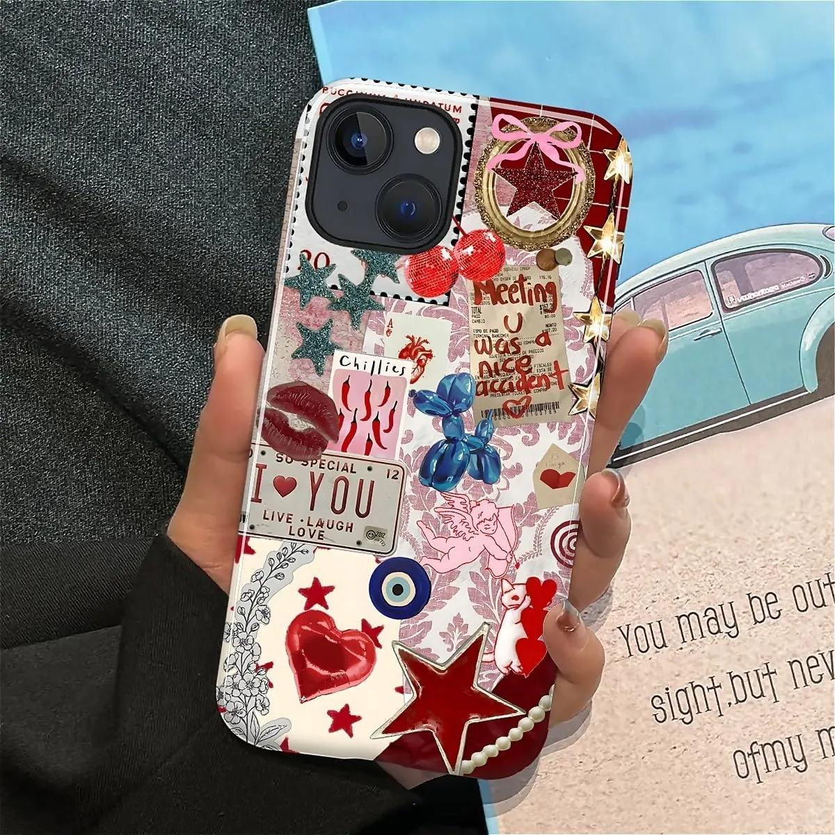 DAIZAG Case for iPhone 15,Mixed 2 Layer Design Shockproof Soft TPU Ddouble Protection Phone Case for iPhone 15-Conch Red Pearl Collage