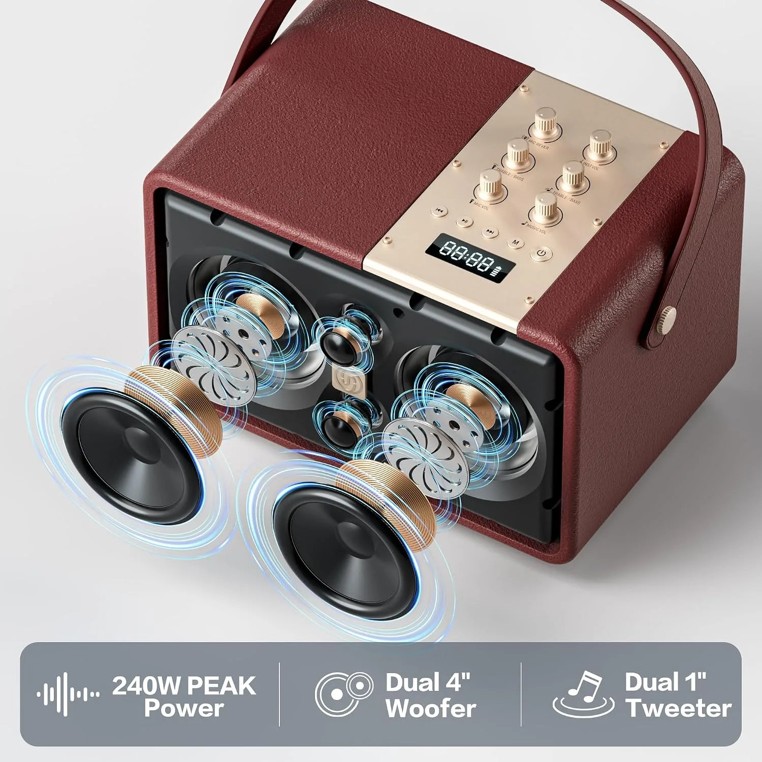 Portable Bluetooth Speaker 240W Peak Power Wireless Speaker Loud (Burgundy)