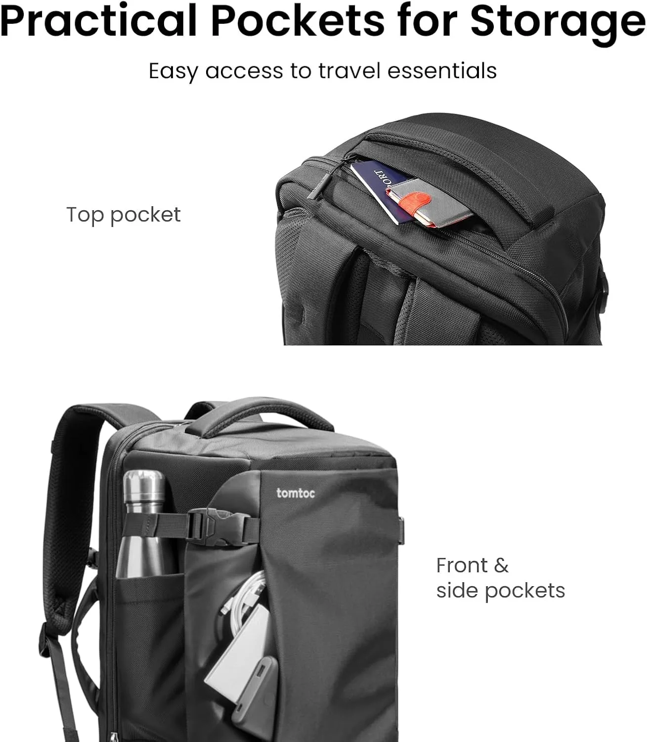 tomtoc Travel Backpack 40L, TSA Carry On Bag Flight Approved, PFAS Free