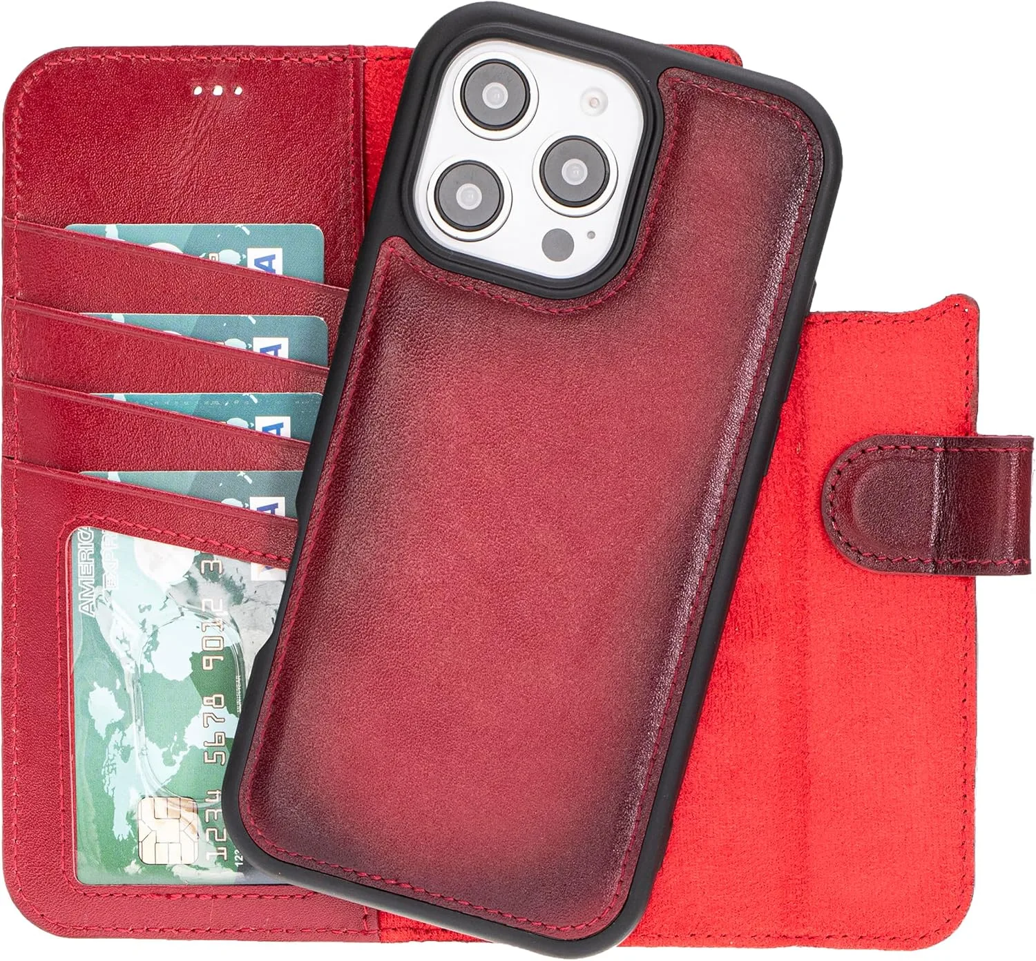VENOULT Wallet Case for iPhone, Full Grain Genuine Turkish Leather, Magnetic Detachable, RFID 4 Card Slots, Business Style, Compatible with MagSafe (Cranberry, iPhone 16 Pro)