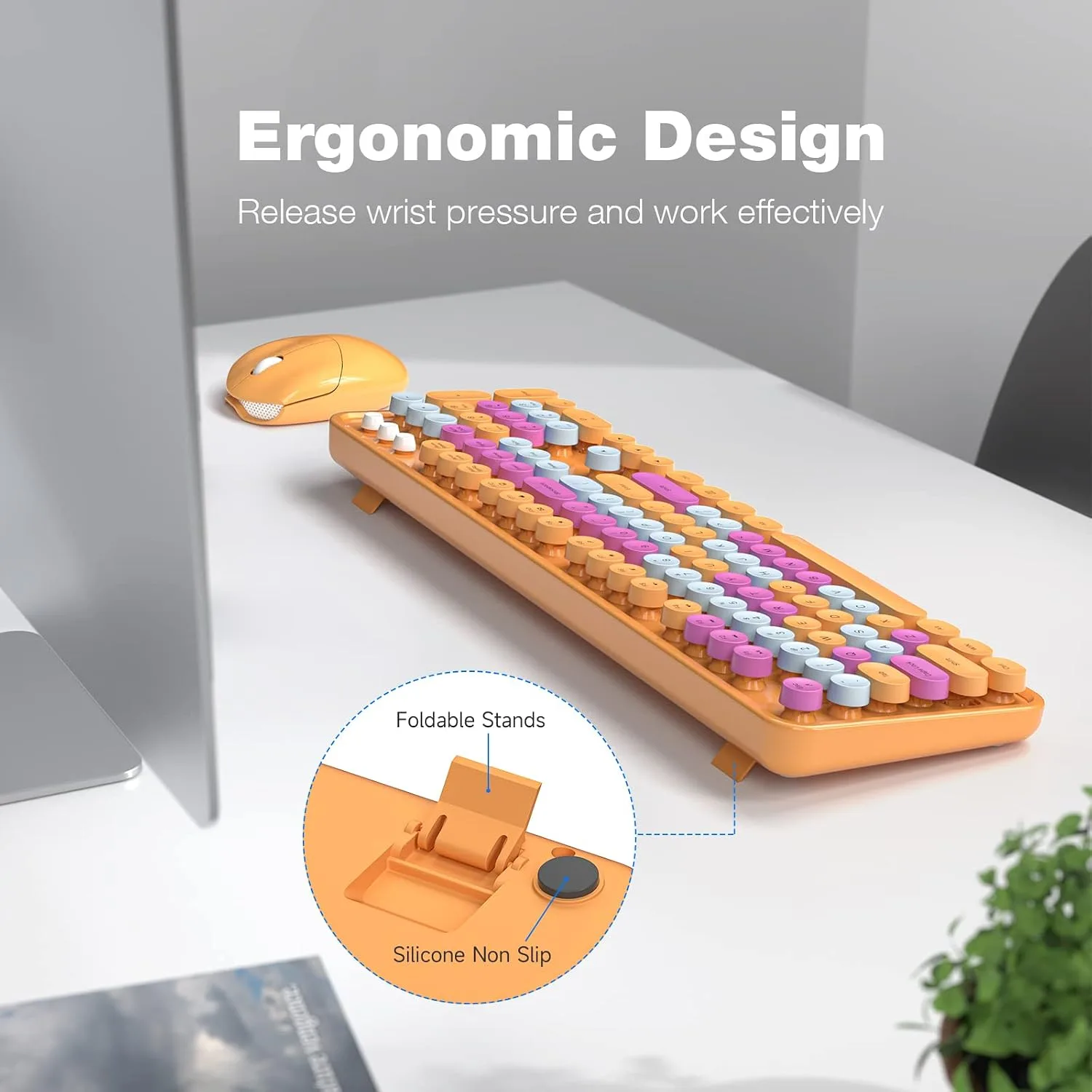 MOFII Wireless Keyboard and Mouse Combo, Orange Retro Keyboard with Round Keycaps, 2.4GHz Dropout-Free Connection, Cute Wireless Mouse for PC/Laptop/Mac/Windows XP/7/8/10 (Orange-Colorful)